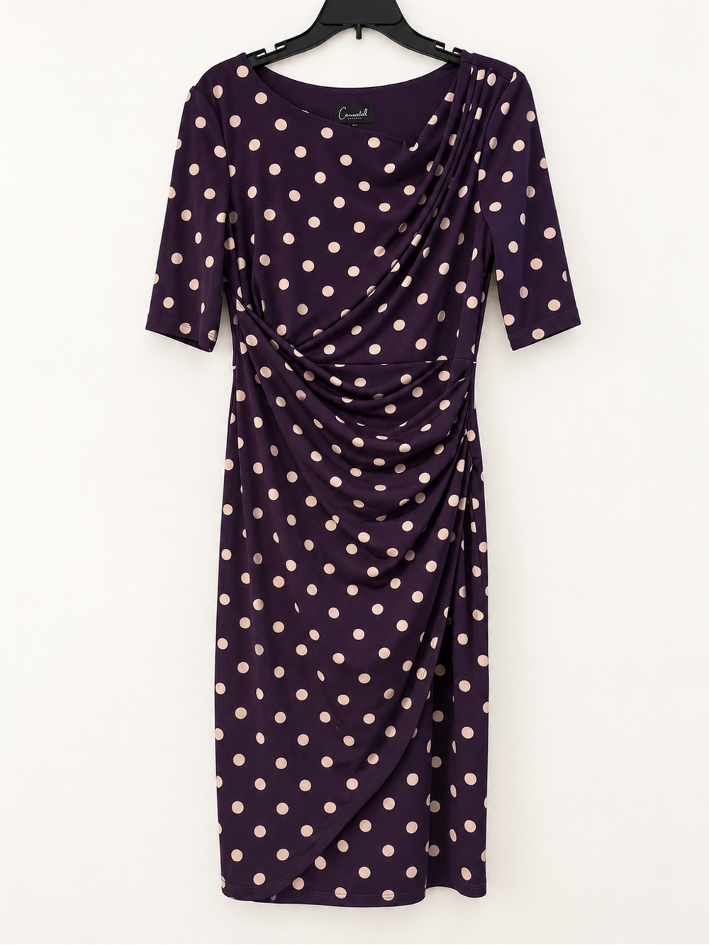 Connected Apparel Purple Polka Dot Ruched Midi Dress Size 6 👗